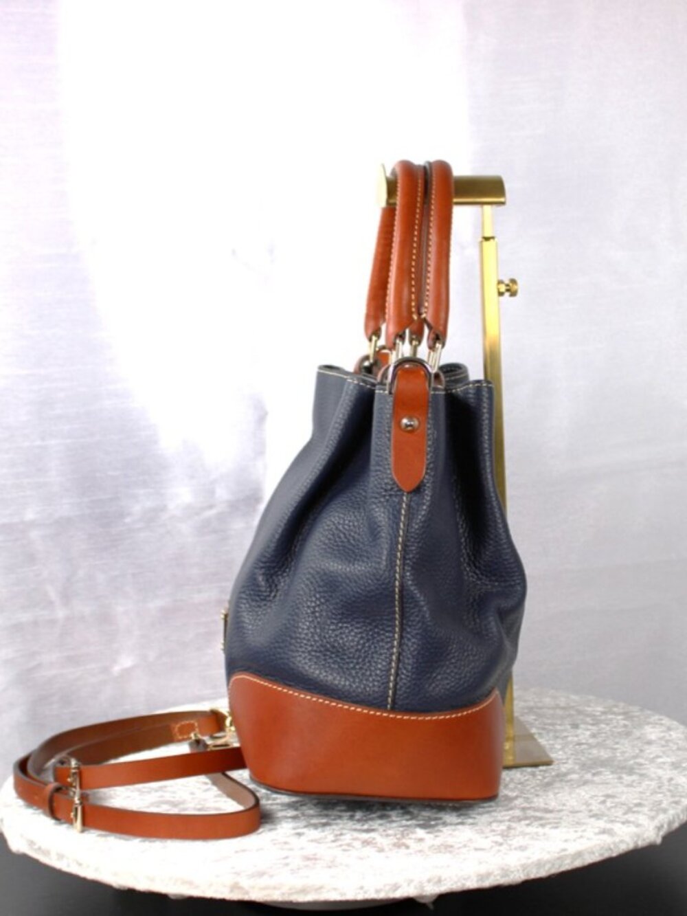Dooney & Bourke Pebble Grain Leather Satchel Navy & British Tan Crossbody Bag - Picture 3 of 11